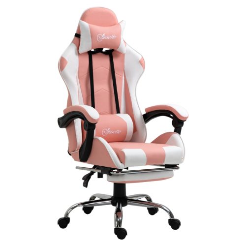 Ergonomisk gamingstol med kuddar rosa+vit