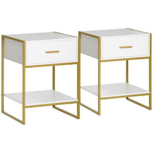 Sängbord 2-pack med låda 45x40x60 cm vit/guld