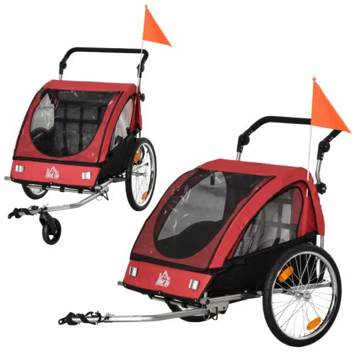 Cykelvagn för 2 barn 2i1 med regnskydd röd